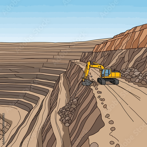 Excavator working in a large open-pit mine with layered rock formations.