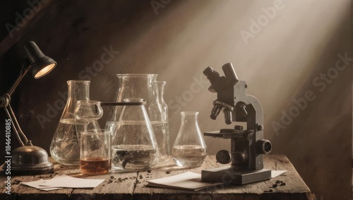 Still life of a vintage lab scene with glassware, microscope, and desk lamp