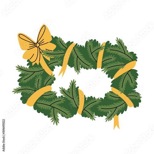 Christmas flat colored wreath in the shape of rectangle with painted fir branches wrapped with ribbon and bow. An element of homey decoration for holiday invitations, greeting cards, winter decor.