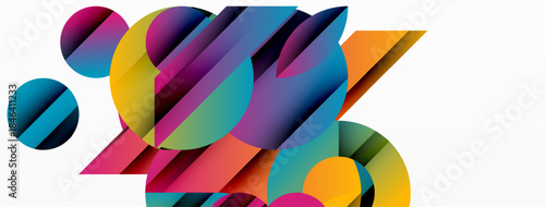 Abstract geometric shapes overlap, creating vibrant colorful composition. Circles, rectangles intersect, forming dynamic visual effect.