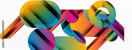 Abstract composition featuring colorful overlapping circles, rectangles. Gradient hues create dynamic visual effect. Modern design elements present.
