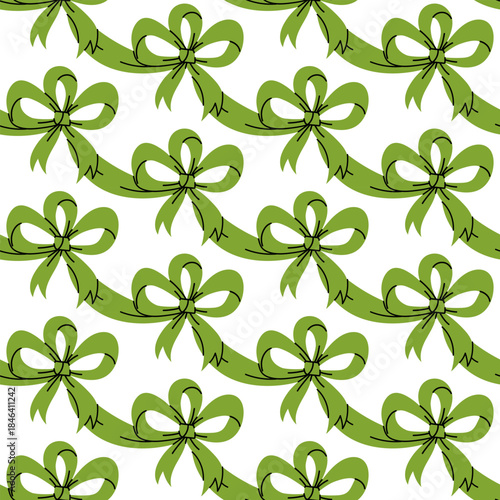 Seamless pattern with solid green bows and flowing ribbons connected diagonally. The flat-style print is perfect for gift paper, festive fabric, or holiday backgrounds.
