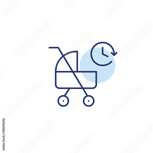 Baby stroller and clock. Daily children routine. Timed care and parenting. Pixel perfect, editable stroke vector icon