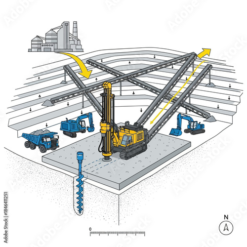 Heavy Duty Mining Drill Rig and Excavators in Open Pit Mine.