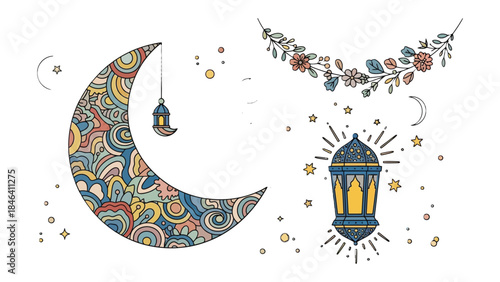 Decorative Islamic Elements: Celebrating the spirit of Ramadan with festive crescent moon designs, ornate lanterns and floral elements. Infuse any design with a touch of elegance and joy.