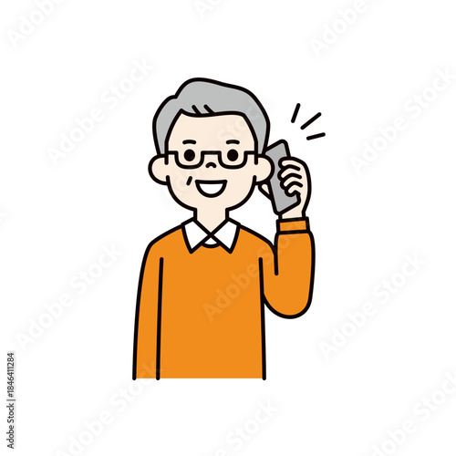 スマートフォンで通話する・話す、おじいさん・祖父・中高年男性のベクターイラスト素材＿カラー