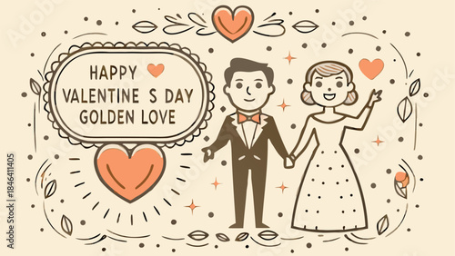 Happy valentine's day couple holding a shining gold heart plaque with love surrounded by hearts and decorative leaves on beige