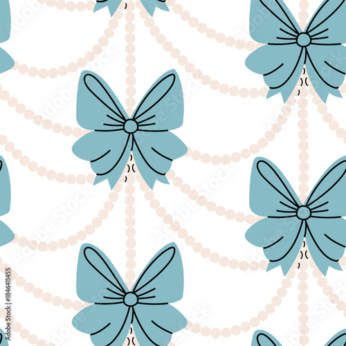 Seamless pattern with blue fluffy bows, decorated with intertwined pearl garlands of beads. The flat-style print is perfect for wrapping paper, festive fabric, or an elegant digital background.