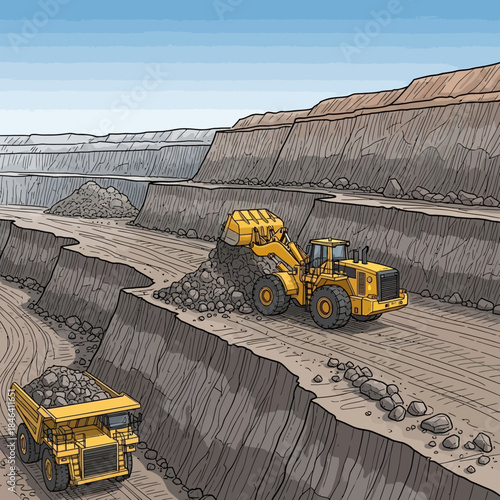 Heavy machinery operating in a large open-pit mine.