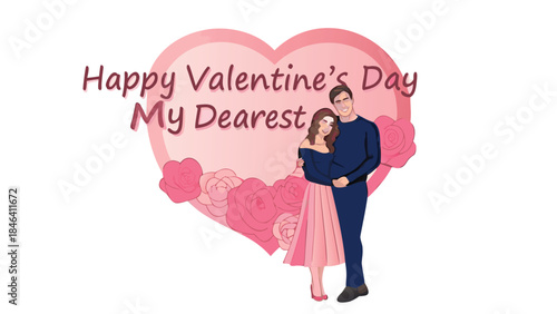 A loving couple hugs in front of a beautiful floral heart frame on valentine's day with a romantic atmosphere and tender affection