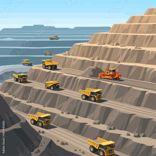 Mining trucks and bulldozer operating in a large open pit mine.