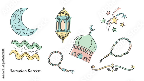 Ramadan Icons: A collection of artistic Ramadan elements, each evoking the essence of the holy month. Featuring the crescent moon, lantern, mosque, and prayer beads.