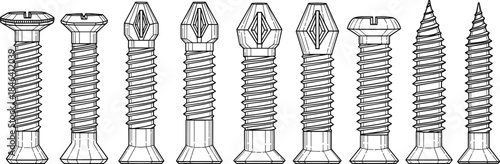 Aesthetic flat lay collection of various steel carpentry and construction screws, fasteners, and hardware parts, illustrating materials for home renovation and professional industrial equipment