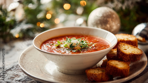 A bowl of homemade holiday soup with herbs and fresh bread on a winter table, gentle Christmas décor in the background