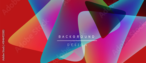 Abstract vibrant shapes overlap. Red background provides contrast. Text reads background design. Modern digital illustration.