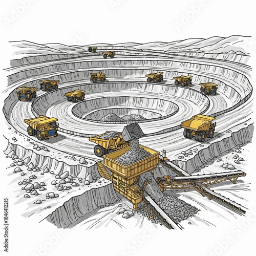 Open Pit Mine with Heavy Duty Trucks and Processing Plant.