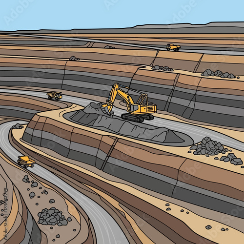 Excavator and trucks working in a large open pit mine.