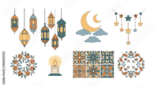 Festive Ornaments for Celebration: A collection of decorative lanterns, moon, stars, and floral wreaths, and ornamented tiles.