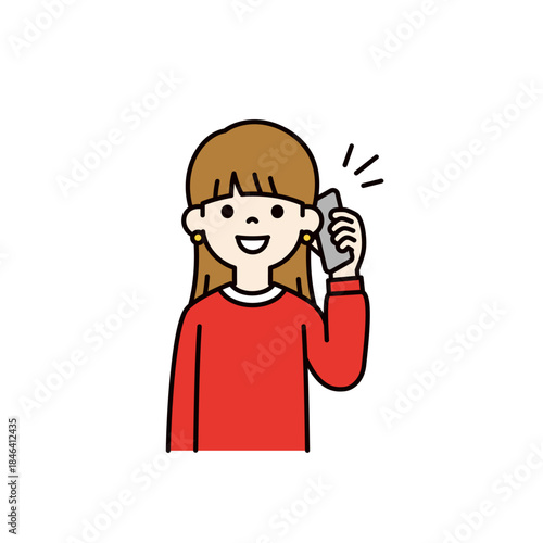 スマートフォンで通話する・話す、若い女性・女子学生の上半身ベクターイラスト素材＿カラー