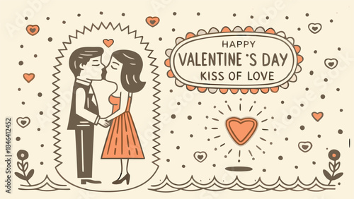 A romantic couple shares a kiss behind a glowing heart on valentine's day with love and affection in the air