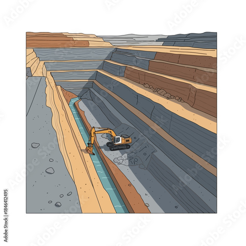 Excavator working in a large open pit mine with layered rock formations.