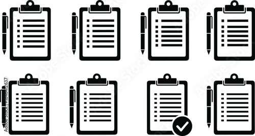Clipboard and Pen Icons Set: Outline Check List, To Do Task, Document, Survey, and Agreement Form Symbols for Business, Education, and Healthcare.