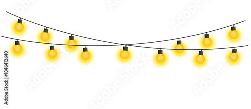 Yellow hanging string lights on transparent background yellow bulbs garland, event lights