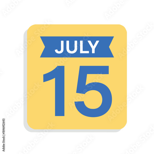 Crisp yellow digital calendar icon highlighting July 15 for modern event scheduling and daily planning display