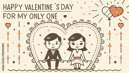 A loving cartoon couple sits together under a giant neon heart light on valentine's day with a sweet background of hearts