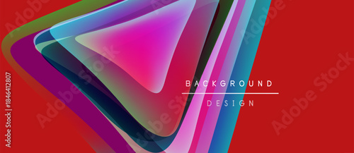 Abstract geometric shapes overlap, creating vibrant color gradients. Red background emphasizes dynamic design elements. Modern, stylish composition.