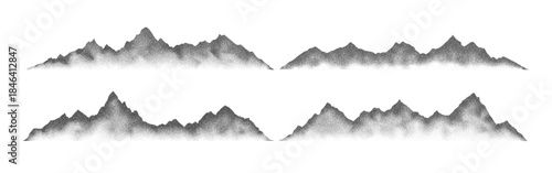 Grain noise stippled mountain range ridges terrain texture landscape vector illustration set. Grunge pointillism mountain range stipple landscape halftone effect shape sand texture collection.