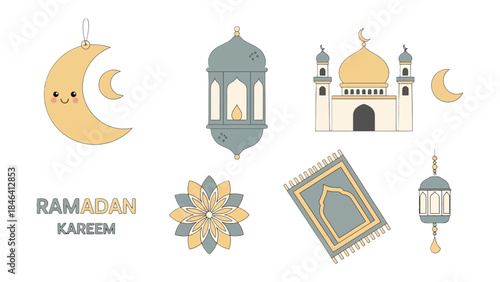 Ramadan Kareem Decoration: Adornments for the blessed month, featuring crescent moons, traditional lanterns, an iconic mosque, and a prayer rug.