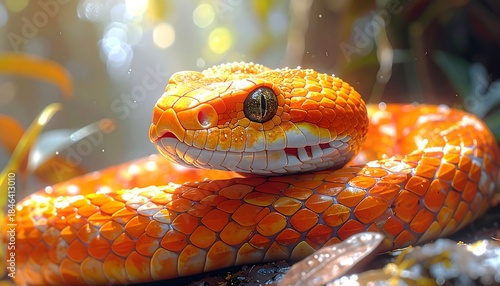 A vibrant orange snake with intricate scale patterns, resting amongst lush foliage, highlighted by soft, diffused sunlight