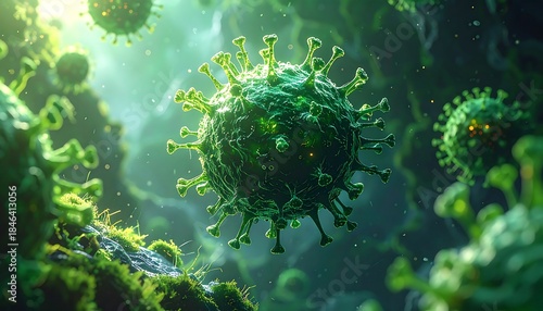 A vibrant, photorealistic rendering shows several detailed green virus particles amidst a blurry green background
