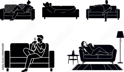 People Relaxing on Sofa Silhouette Set - Resting, Lounging, and Sitting Poses.