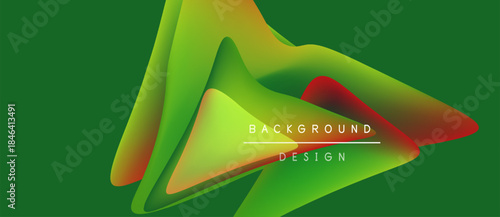 Abstract vibrant design features flowing shapes, gradients. Green background provides contrast, text labels elements. Modern aesthetic.