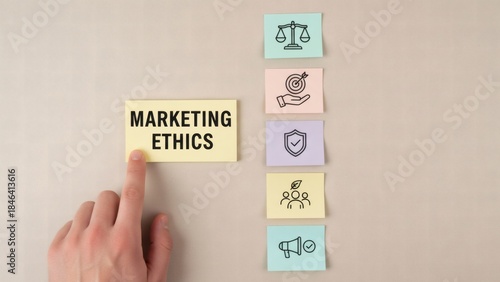 Marketing Ethics. Central ethics message with aligned responsibility icons, symbol of balanced marketing principles.
