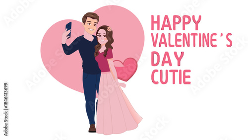 Young couple taking a cute selfie together with a heart animation on valentine's day