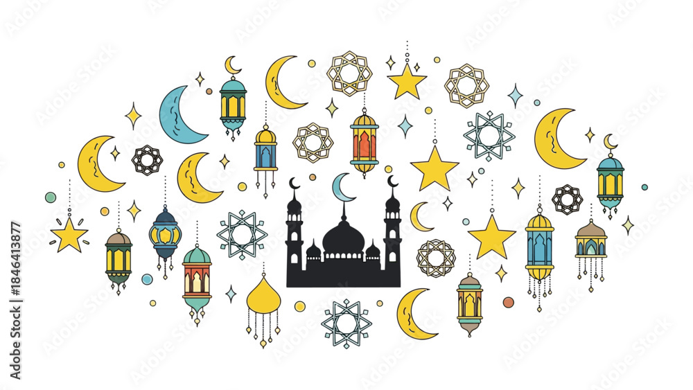 Fototapeta premium Radiant Festival of lights: Colorful and diverse traditional lamps, stars, and crescent moons adorn the scene, with a mosque in the heart of this festive celebration.