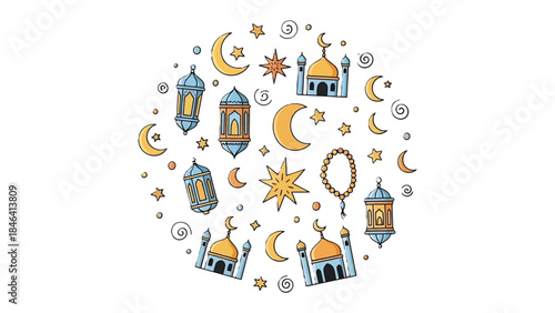 Ramadan Celebration: Festive cartoon illustration showcasing mosque, lanterns, stars, and crescent moons, evoking the spirit of Ramadan. 