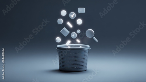 Conceptual image of objects falling into a wastebasket, symbolizing deletion or disposal of information