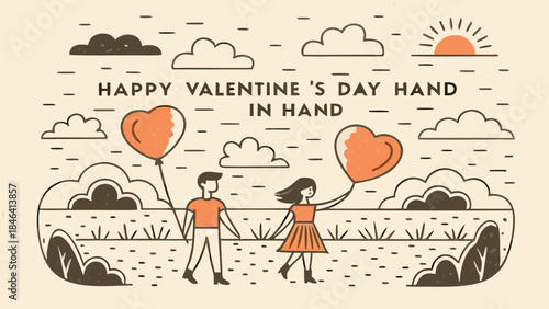 Loving couple walking through a serene field with floating heart balloons on a sunny day with clouds