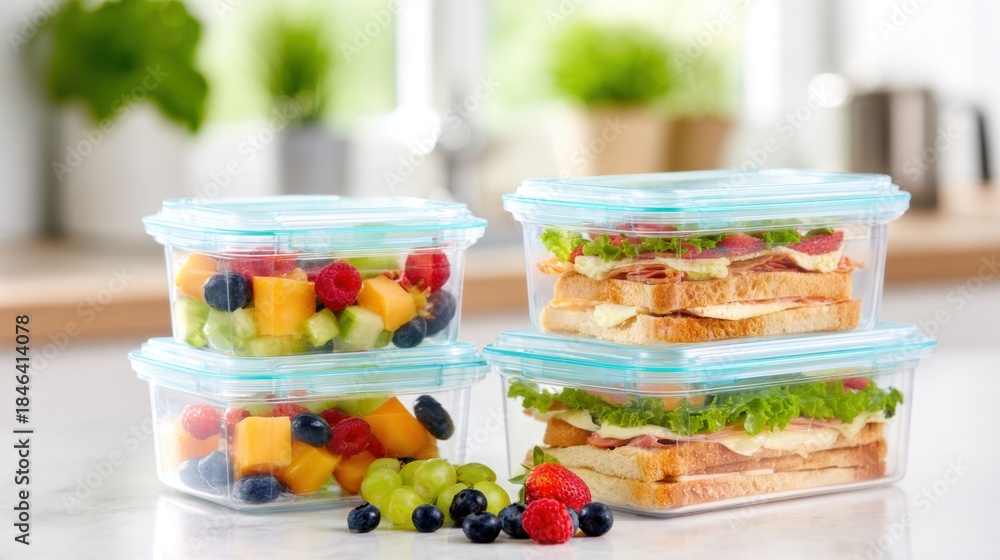 Fototapeta premium Meal prep containers with fruits and sandwiches on a kitchen counter