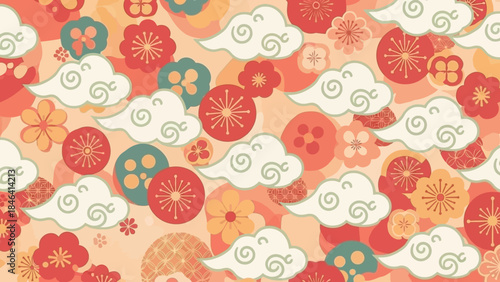 Whimsical Floral and Cloud Pattern in Coral and Peach Tones, Suitable for Design Projects
