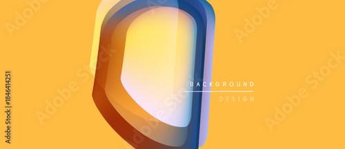 Abstract geometric design. Bright yellow backdrop features layered shapes, gradients, text elements. Modern, vibrant composition.