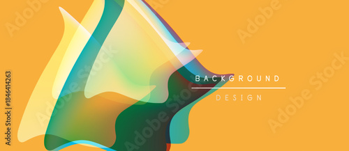 Abstract shapes overlap, creating vibrant color blends. Background features text background design. Warm yellow dominates canvas.