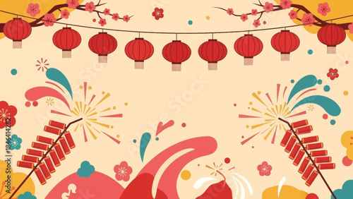 Joyful Lunar New Year Celebration with Fireworks, Lanterns, and Festive Decorations
