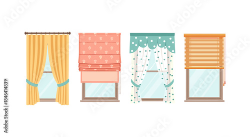 Collection of four different window treatments including curtains, roman shades, and blinds