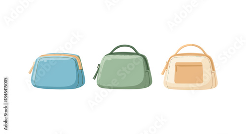 Three different cosmetic bags in various colors and styles on a white background