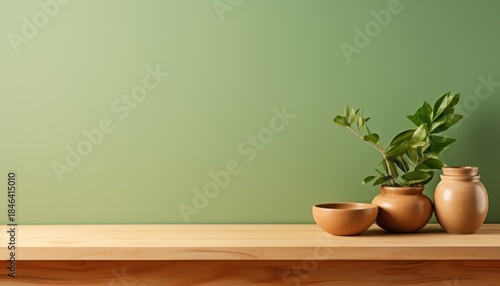 Elegant display of ceramic pots and vibrant green foliage on a wooden surface against a subtle green background